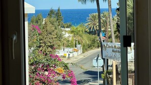 Blick auf eine Küstenstraße mit blauem Meer, Palmen und einem Schild für 'OCAYO MAR'.