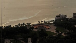 Eine Küstenlandschaft mit einer weiten Wasserfläche, einer kreisförmigen Parkanlage mit Palmen und einer fernen Uferlinie.