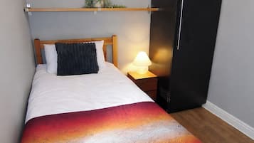A bed with a gradient blanket, a bedside lamp, a shelf with plants, and a wardrobe.