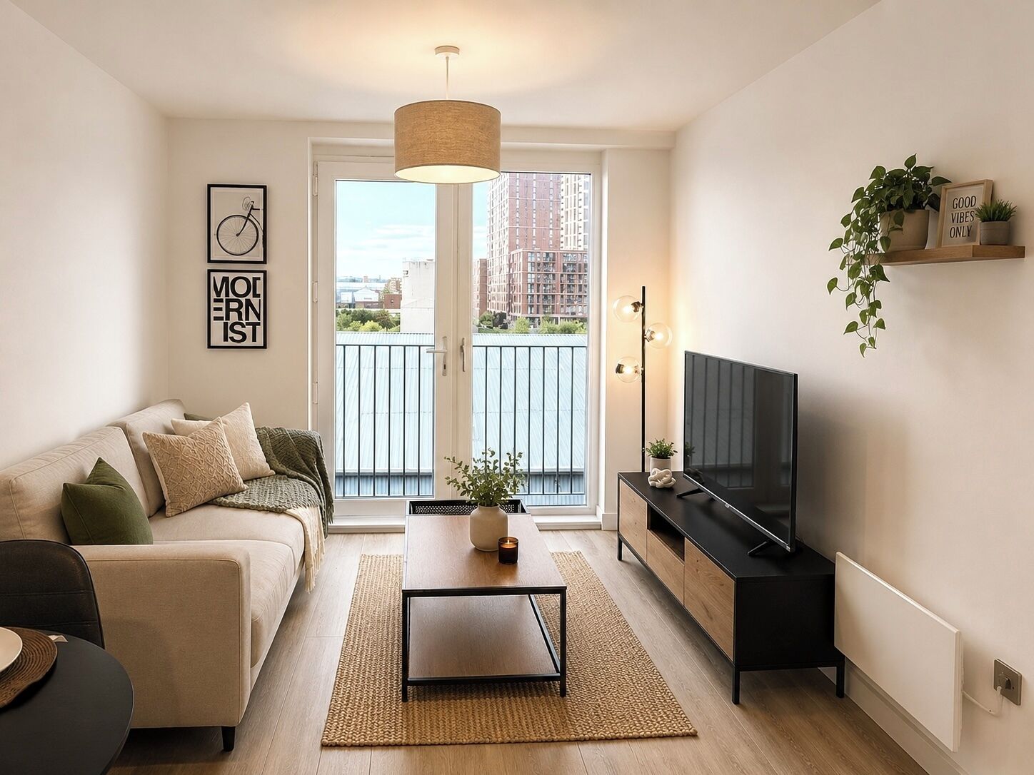 A modern living room with a sofa, coffee table, TV, and a balcony with a view of buildings.