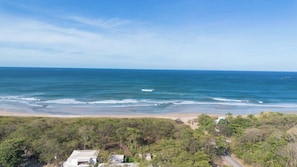 Blick auf eine Küste mit Strand, Meer und dichter Vegetation.