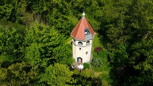 Une tour isolée, surmontée d’un toit conique, et entourée d’une végétation luxuriante.