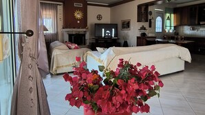 A hotel room with two beds, a television, a fireplace, and a large potted plant.