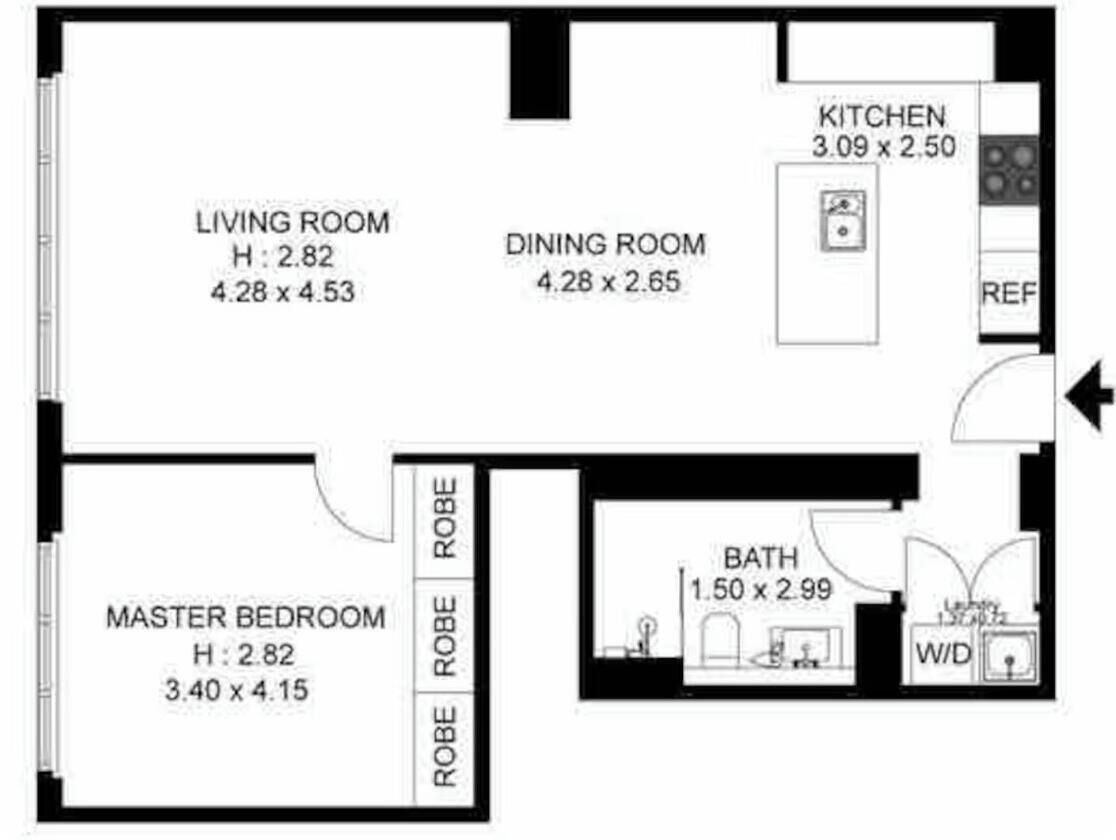 Un plan d’étage comprenant un salon, une salle à manger, une chambre principale, une cuisine et une salle de bain.