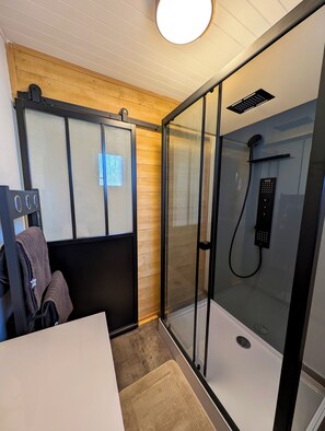 Shower, hair dryer, towels, toilet paper