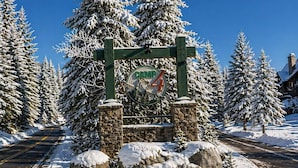 A snow-covered landscape with a sign for Camp 4, surrounded by tall evergreen trees.