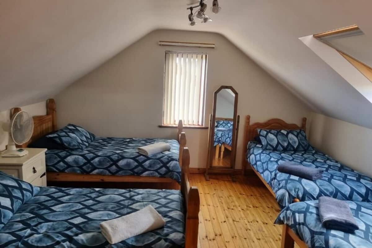 Una habitación tipo dormitorio con dos camas, suelo de madera, ventana con persianas, un espejo y un ventilador de techo.