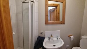 A bathroom with a glass shower enclosure, a sink with a mirror above it, and a toilet. - Church View  (Ballycastle)