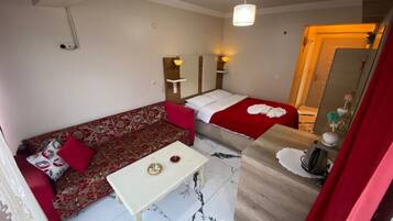 A compact room with a sofa, a bed, a small table, and a mirror.