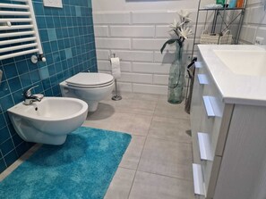 Regadera, secadora de cabello, bidet, toallas 