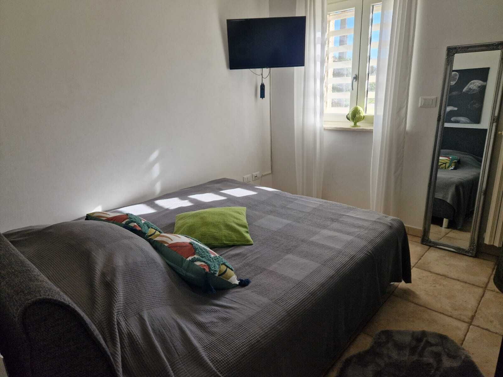 Un dormitorio con cama, televisor de pantalla plana en la pared, ventana con cortinas y espejo.
