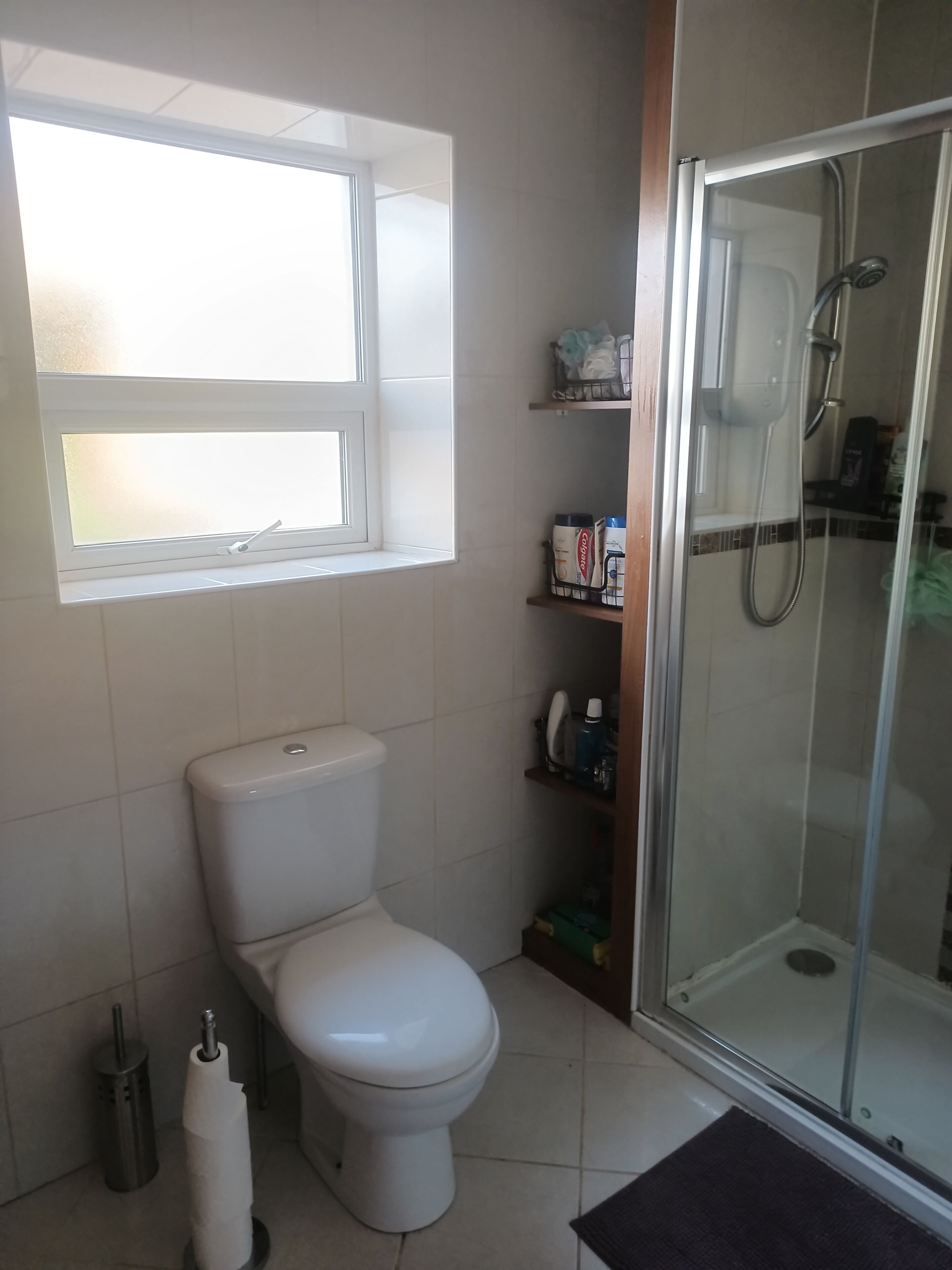 A bathroom with a toilet, a shower enclosure, a window, and shelves with toiletries.
