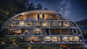 Una casa moderna de varios niveles con techo curvo, varias habitaciones, un comedor y vistas al cielo nocturno.