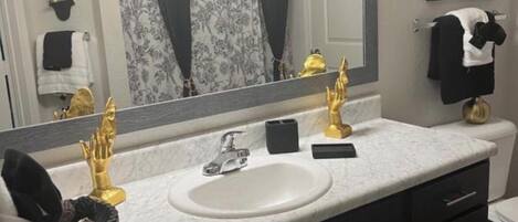Hair dryer, towels, soap, toilet paper