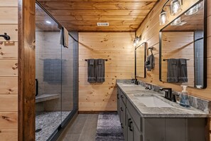 Shower, hair dryer, towels, soap - Soaring Views - Mountain Cabin w/ all Kings, Hot Tub, Game Room, Fire Pit, Wi-Fi (Morganton)