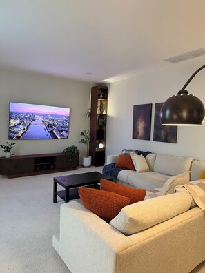 TV connectée, cheminée, livres, chaîne hi-fi