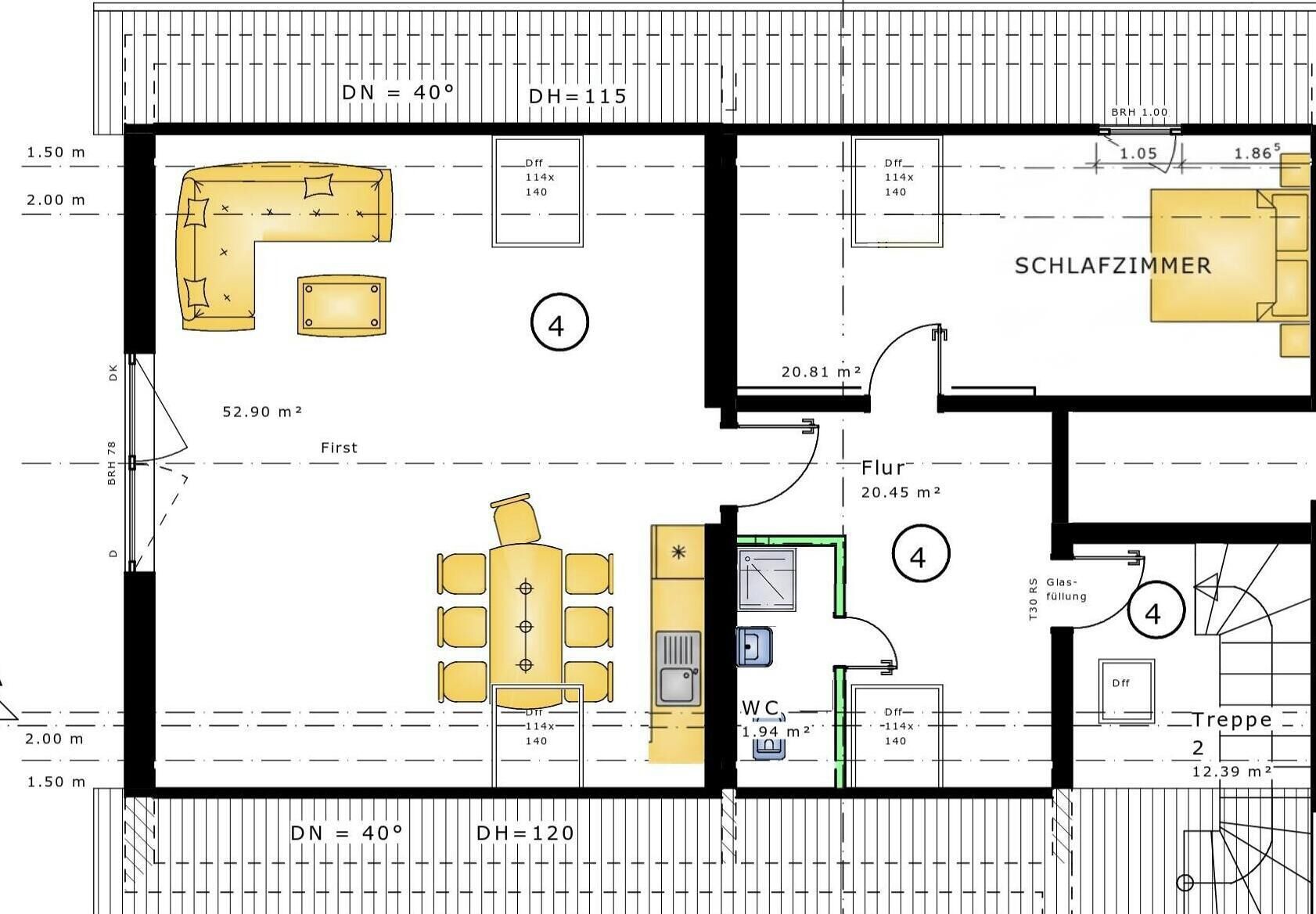 Un plan d’étage comprenant un espace de vie, une salle à manger, une salle de bain et une chambre.