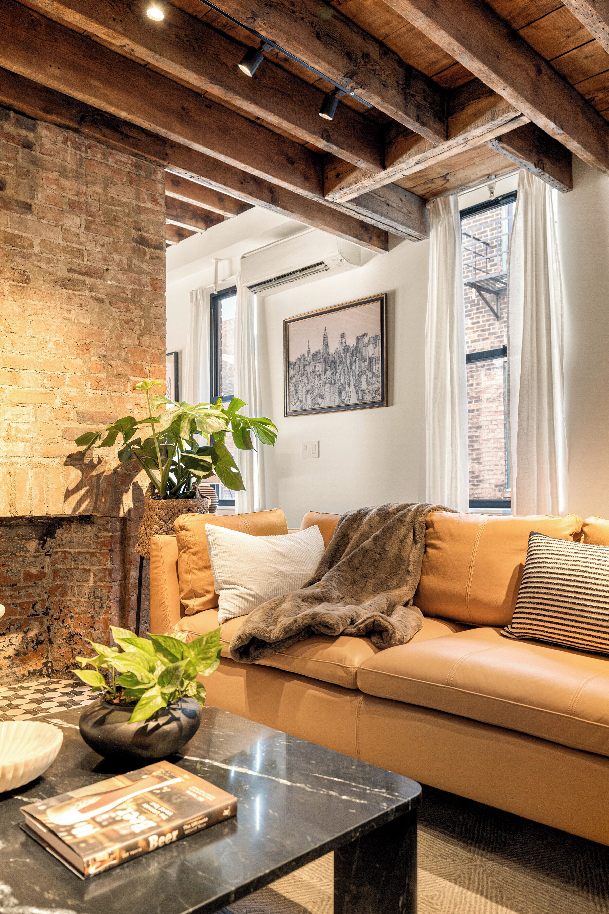 A cozy living room with a leather sofa, a coffee table, a potted plant, and a framed picture on the wall.