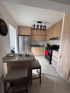 Private kitchen - 3-bedroom apartment in enchanting Santiago de los Caballeros with AC (Santiago de los Caballeros)