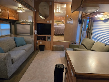 Living area. Comfortable RV in a farm
