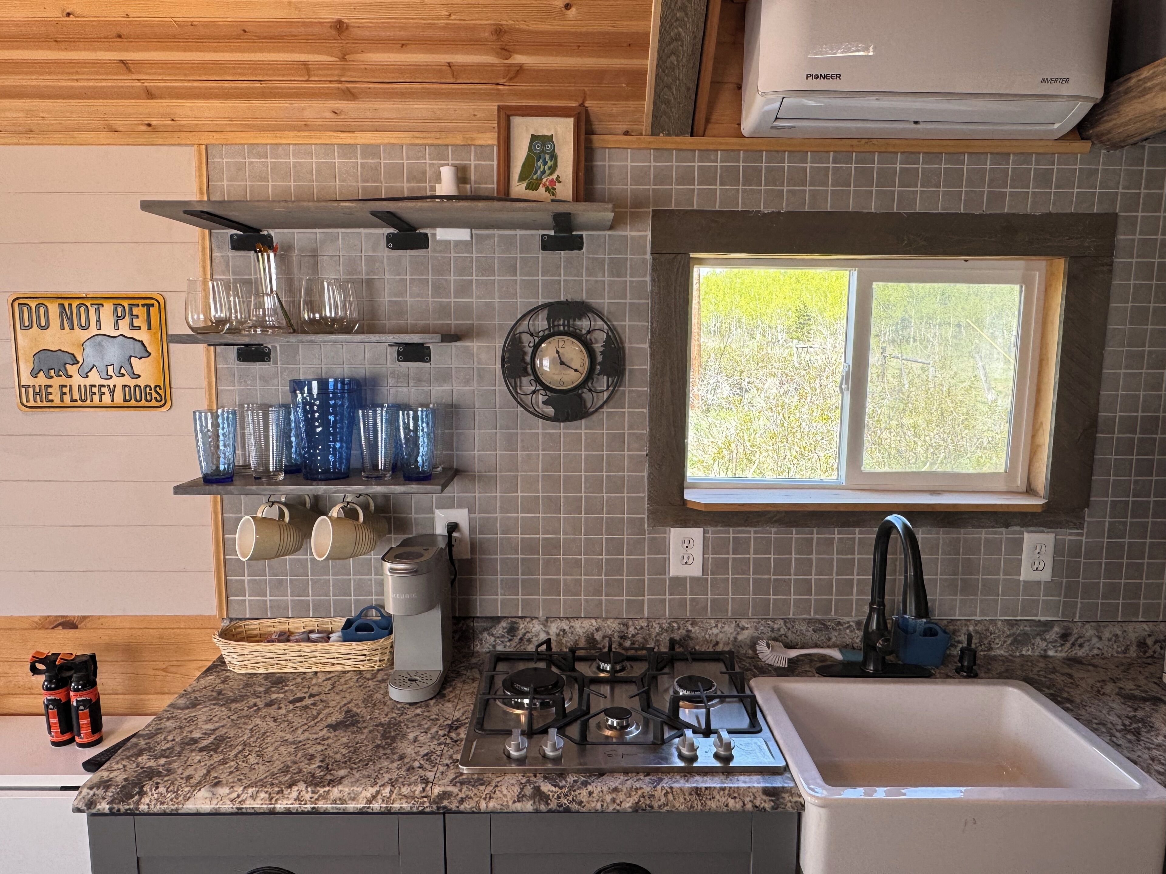 Fridge, microwave, coffee/tea maker, electric kettle