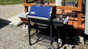 Preparación para hacer una parrillada al aire libre, con vistas a montañas nevadas.