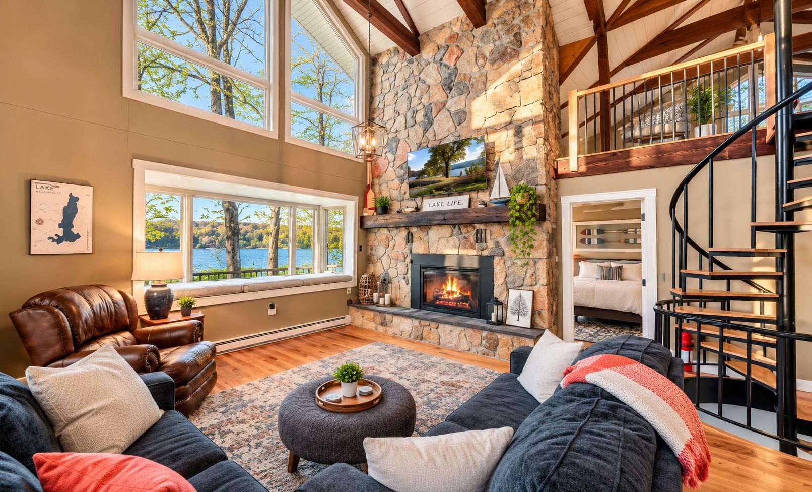 A cozy living room with a stone fireplace, a leather sofa, and a view of the outdoors.