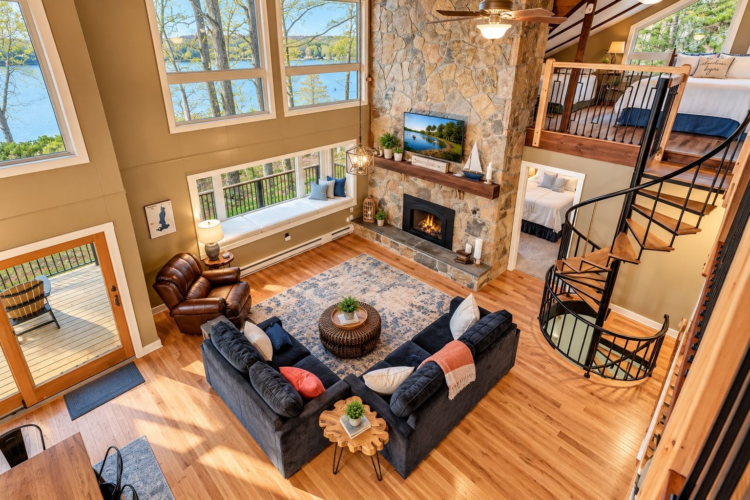 A spacious living room with a fireplace, a large window overlooking a lake, and a wooden staircase.