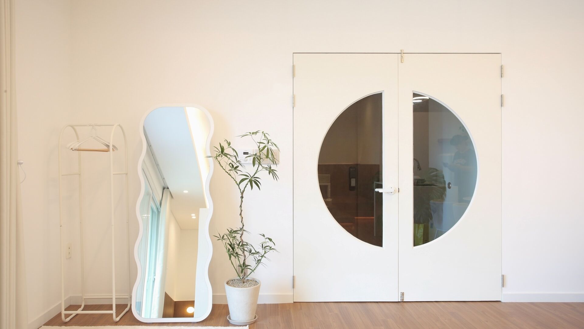 A room with a large mirror, a potted plant, and a double door.