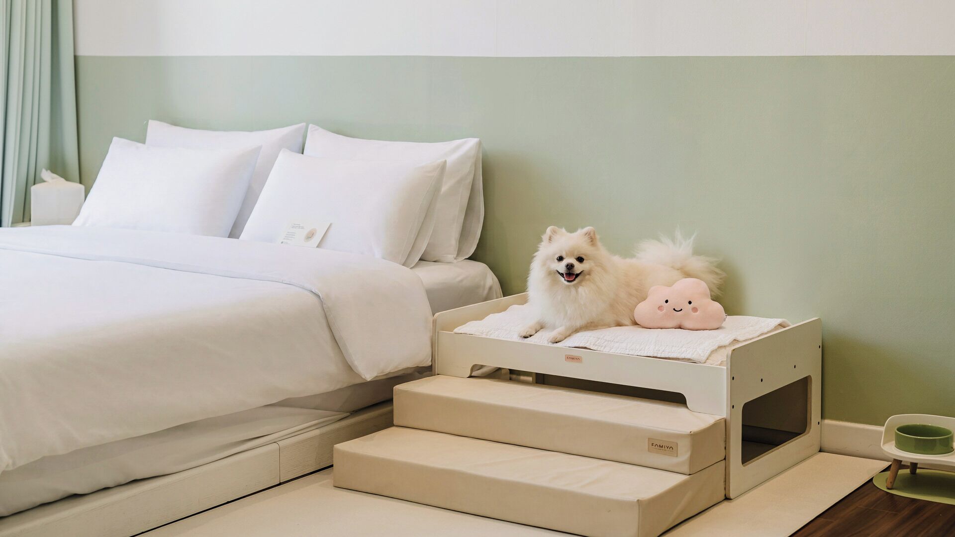 Een kamer waar huisdieren welkom zijn, met een bed, een dierenbed en een groene wand.