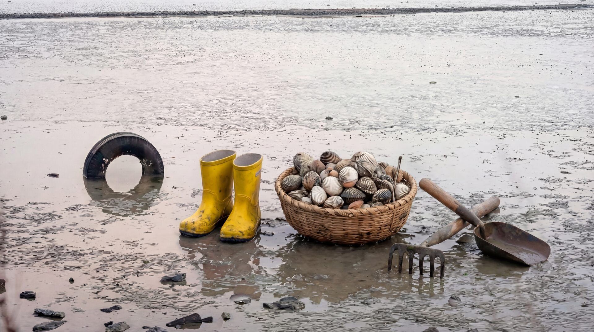 A beach scene with a tire, yellow rubber boots, a basket of seashells, and a shovel.