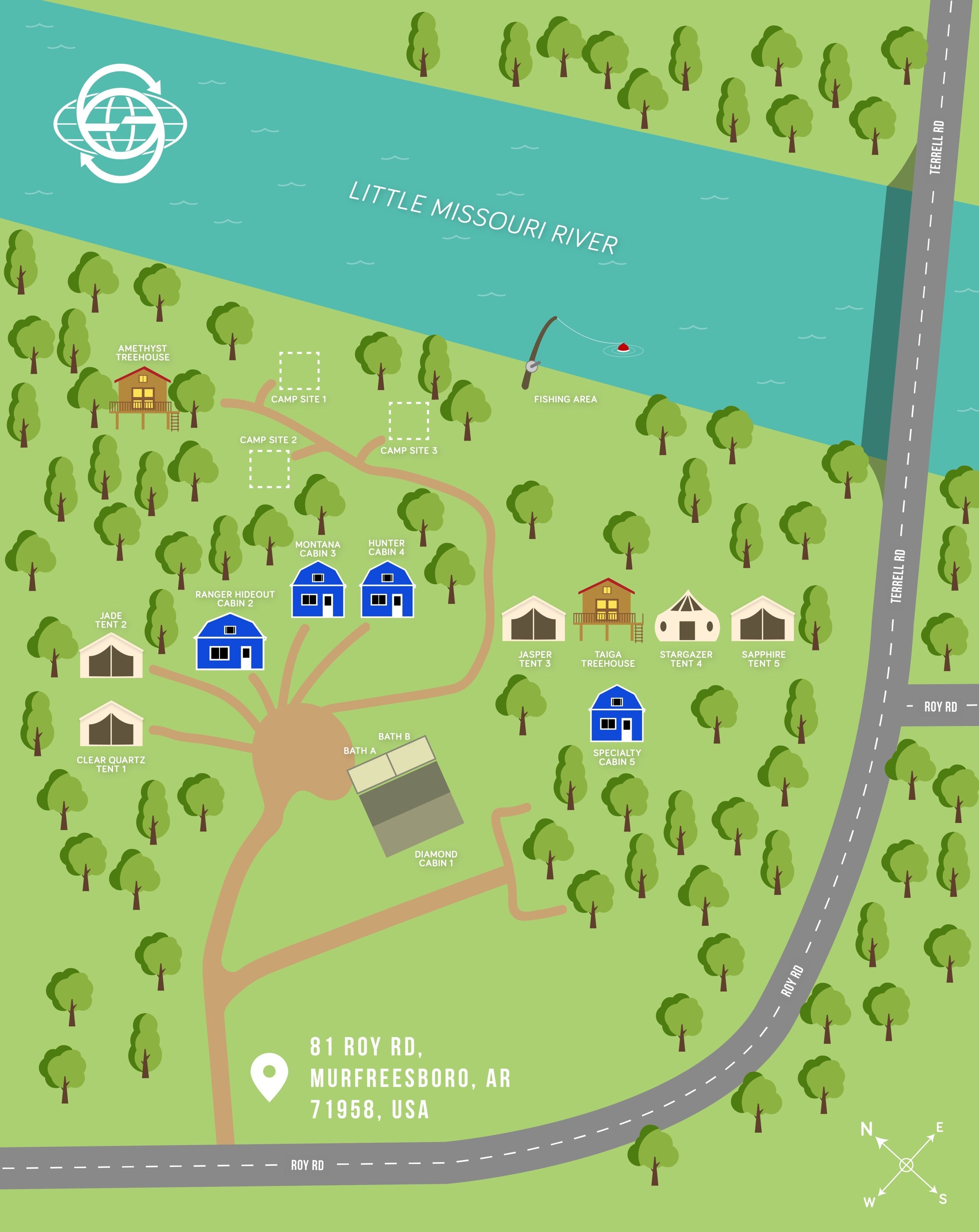 Een campingplattegrond met diverse hutten, tenten en een rivier.
