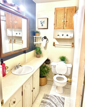 Ein Badezimmer mit zwei Waschbecken, einer Toilette, Holzschränken, einem Spiegel und Topfpflanzen.
