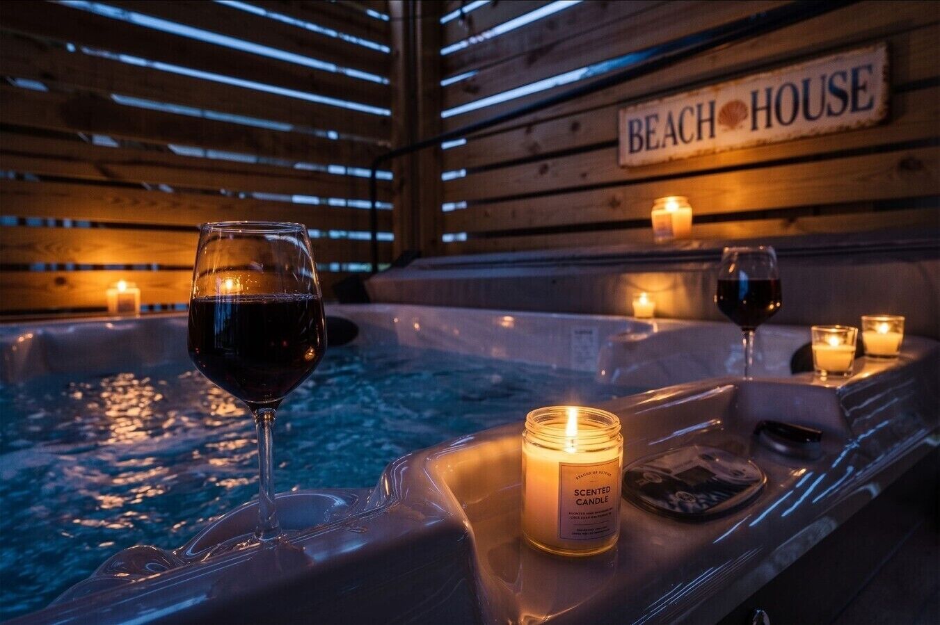 Uma banheira de hidromassagem com velas e copos de vinho, identificada como 'BEACH HOUSE'.