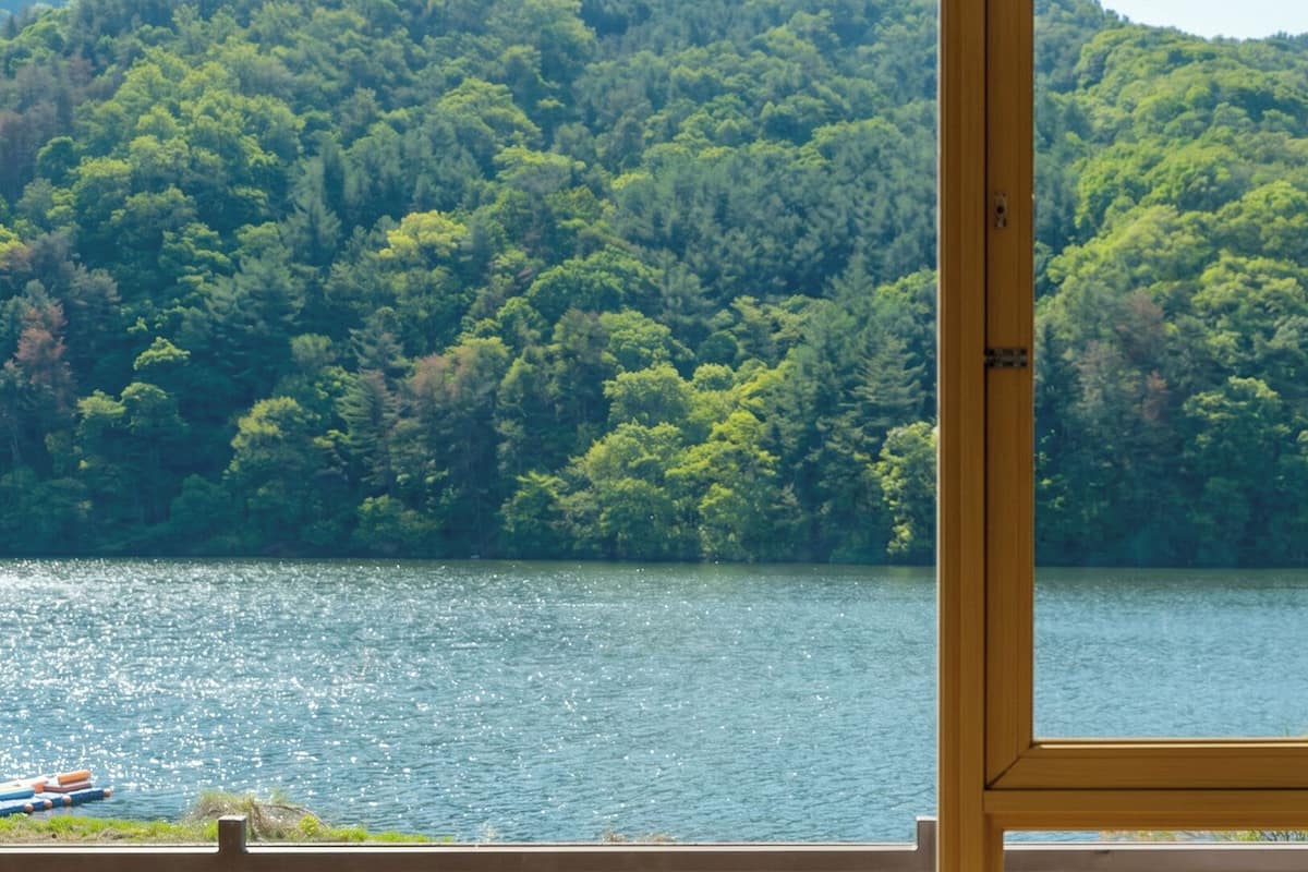 A view through a window of a lake surrounded by dense forest, with a wooden frame visible in the foreground.