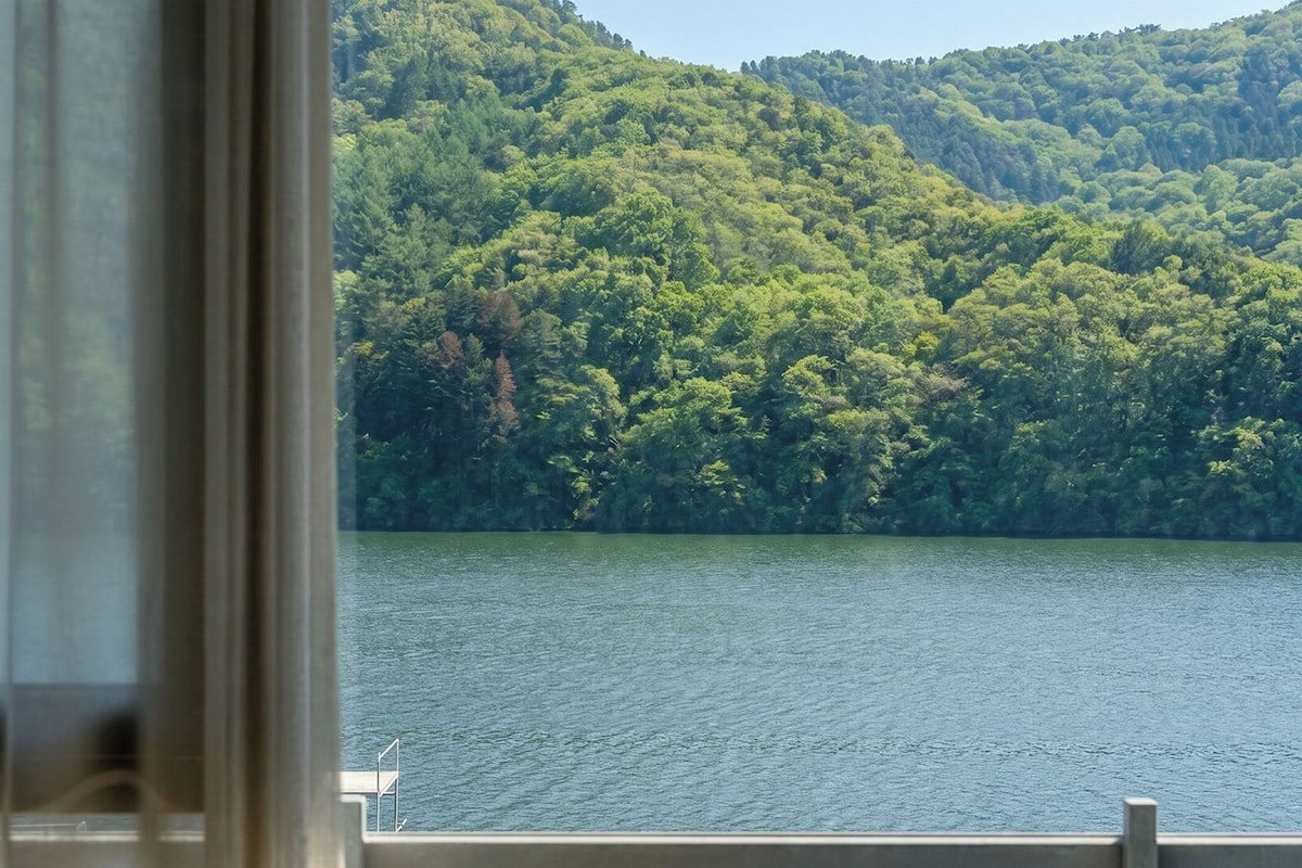 A view of a lake with a forested hillside in the background.