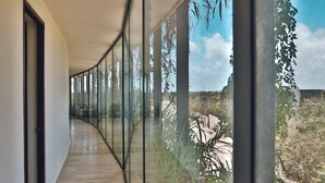 Un pasillo con paredes de vidrio, piso de madera y vistas a un paisaje natural.
