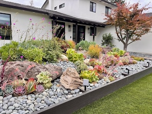 Ein modernes Haus mit einem gepflegten Garten, der verschiedene Pflanzen und Steine zeigt.