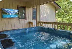 Ein Whirlpool auf einer überdachten Terrasse, über ihm ein Gemälde von einer Berglandschaft.