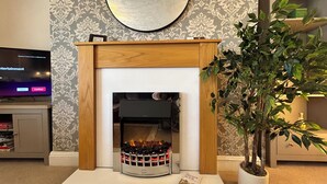 A fireplace with a modern design, a television on the left, and a potted plant to the right. - Character Bedford Apartment with Two Bedrooms (Bedford)