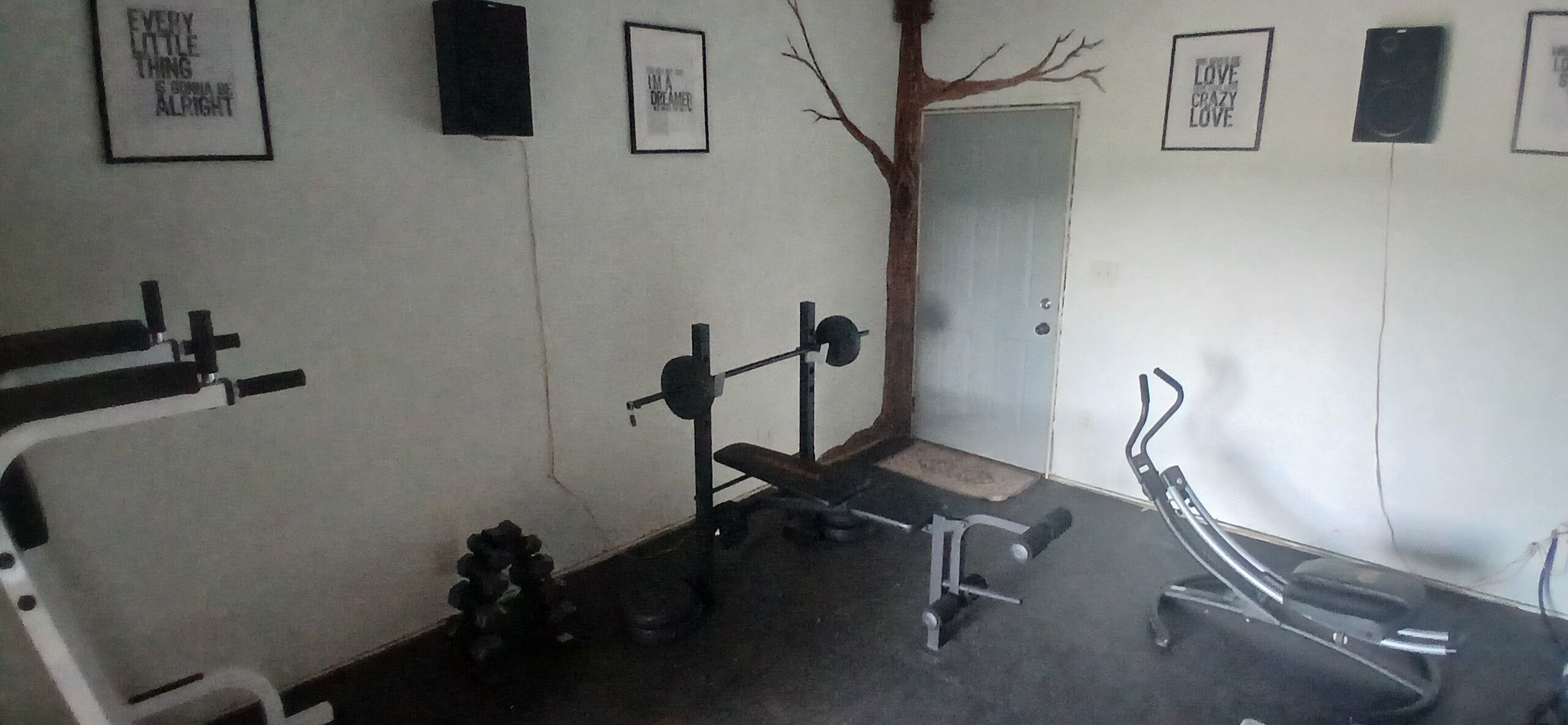 A gym with exercise equipment, a door, and motivational posters on the walls.