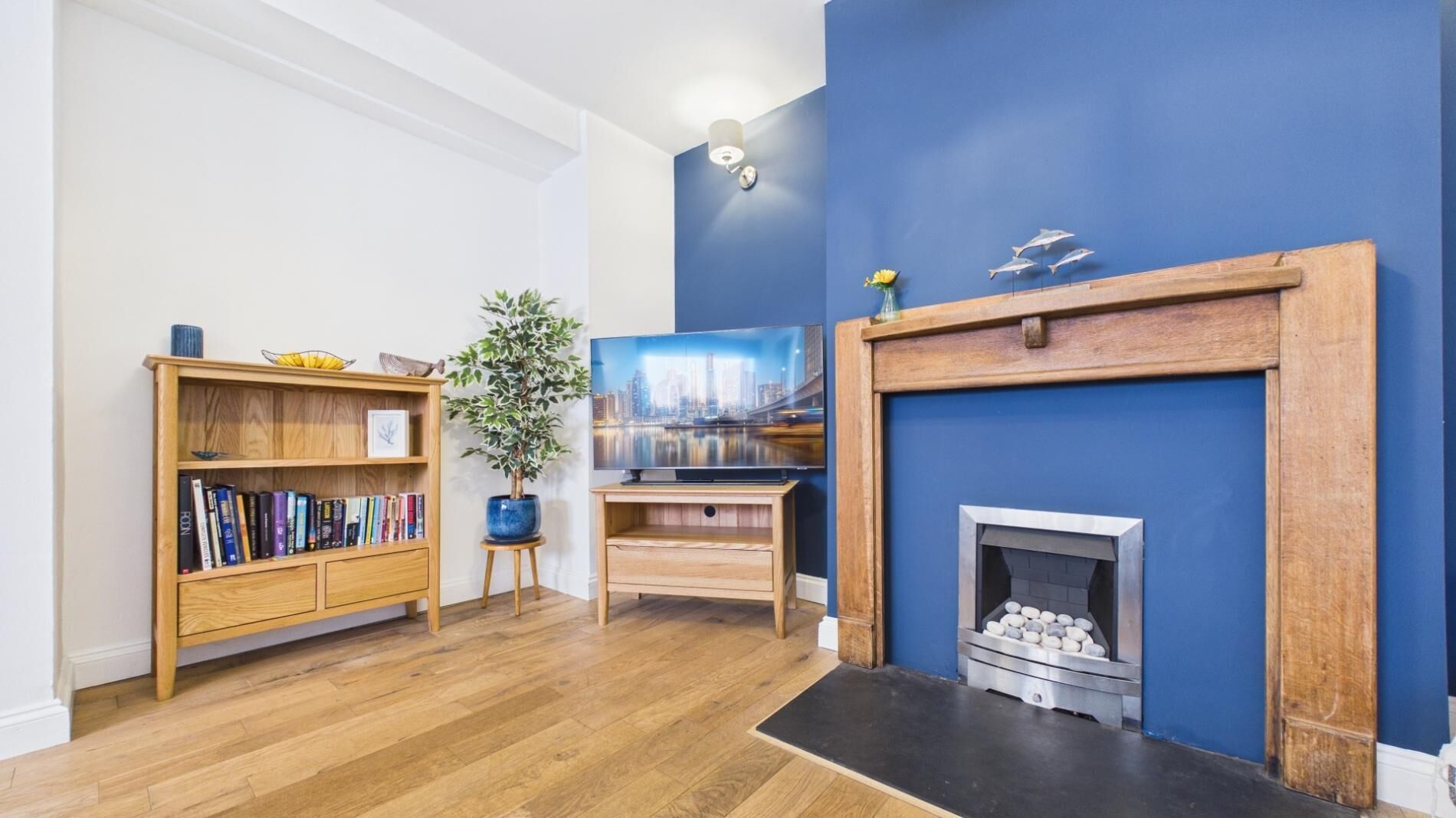 A living room with a bookshelf, a flat-screen TV, a potted plant, and a fireplace.