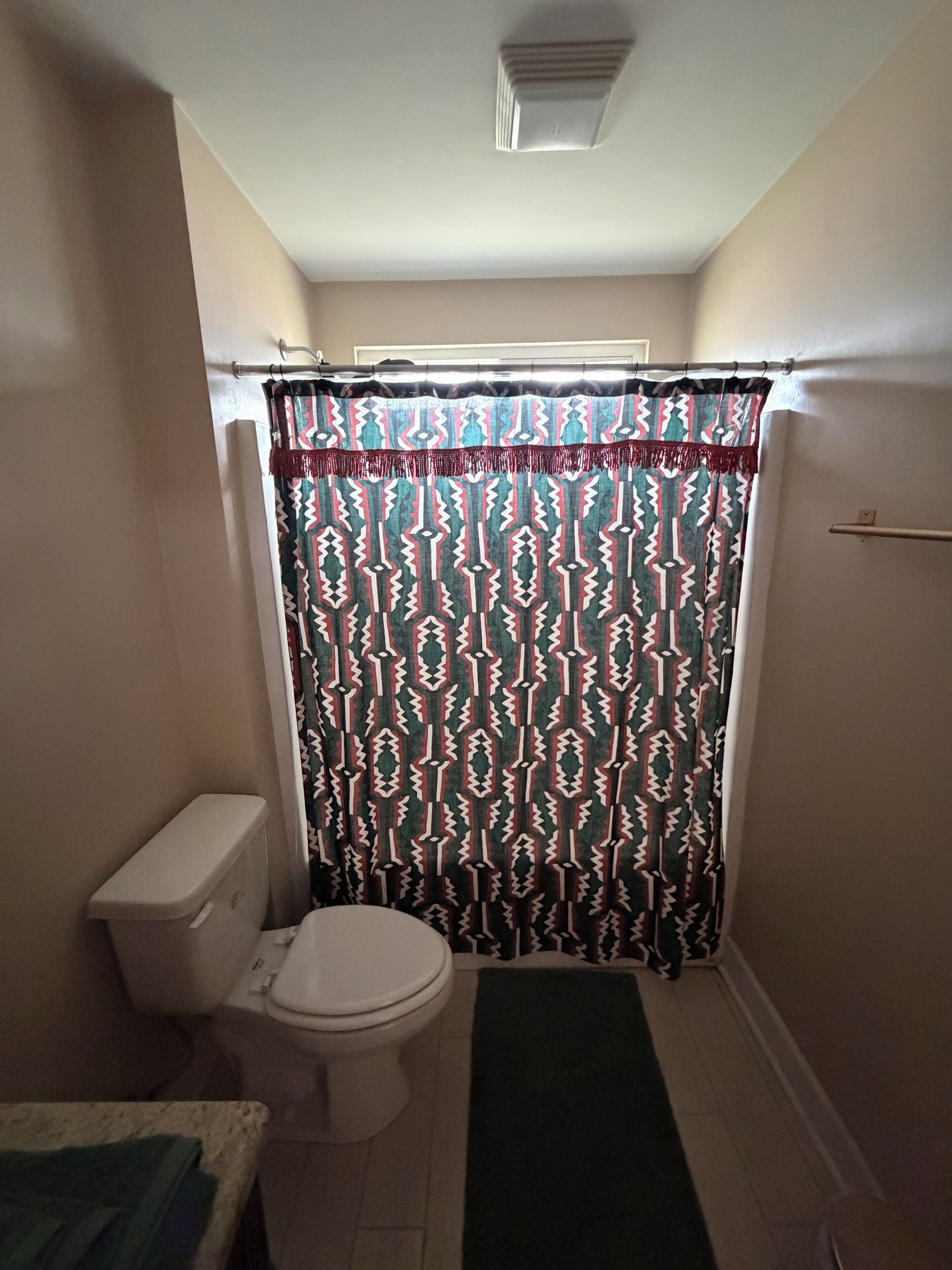 Un baño con cortina de ducha estampada, inodoro y alfombra verde.