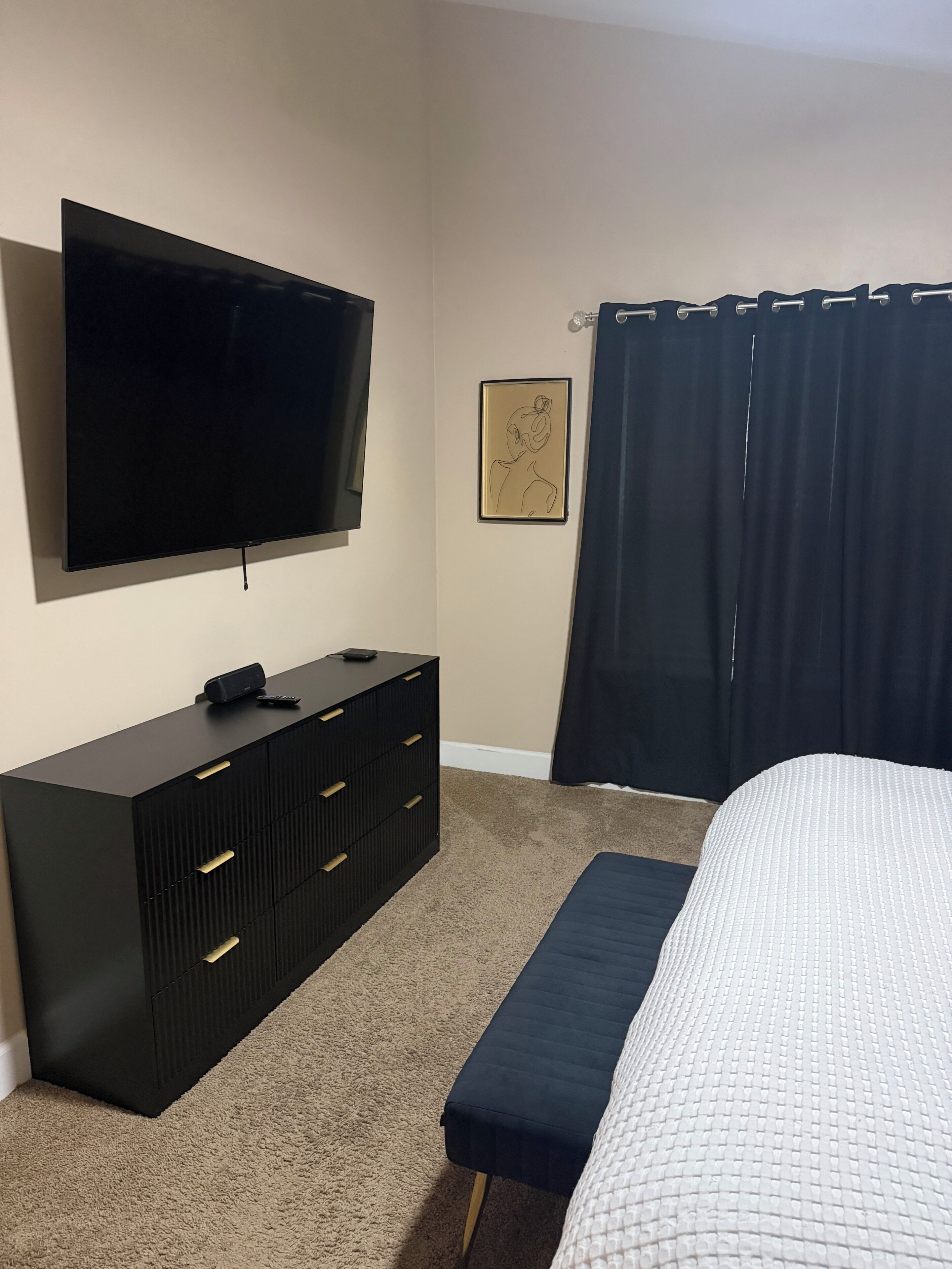 A bedroom with a bed, a dresser, a television, and a framed picture on the wall.