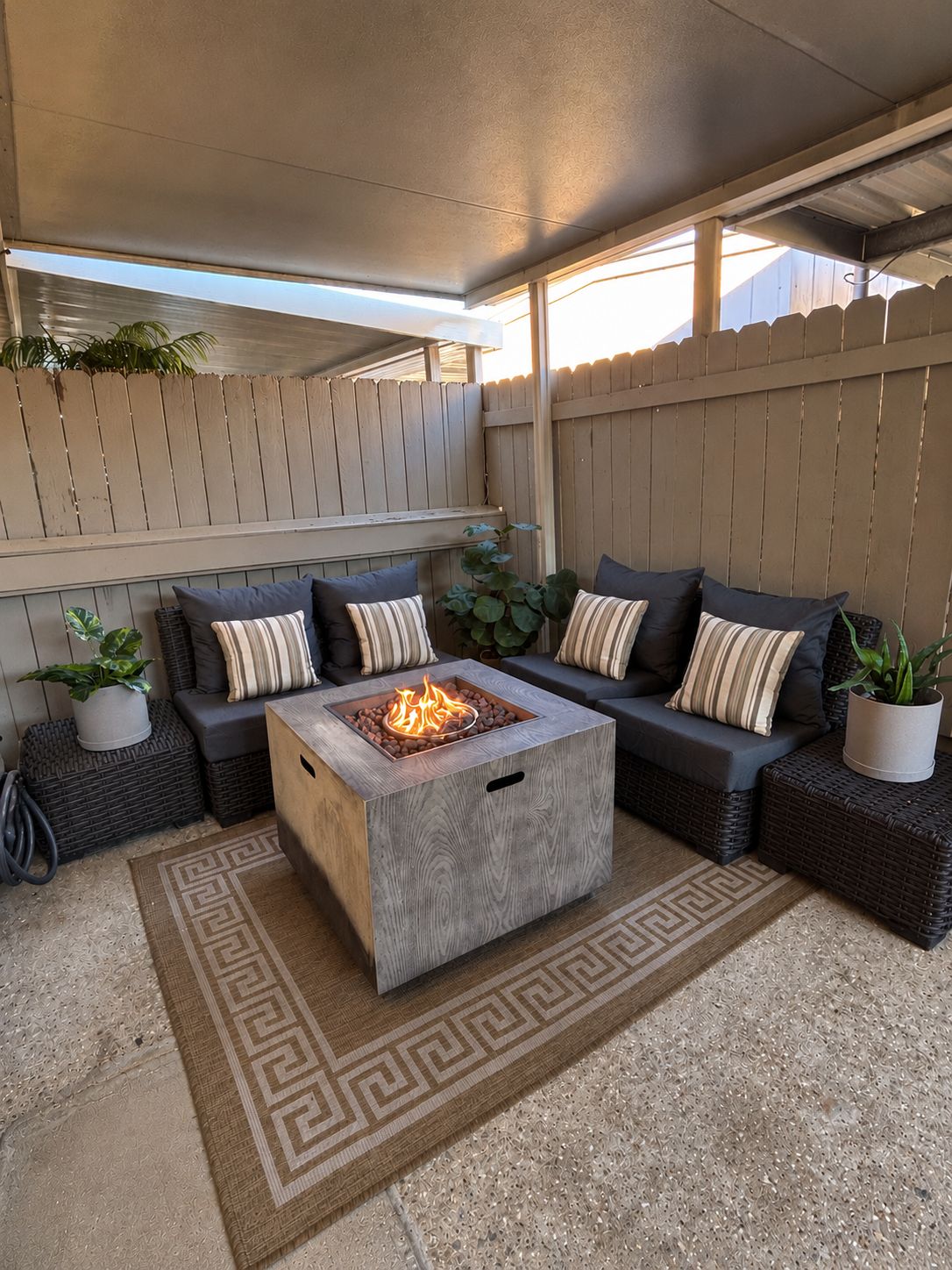 Un área de estar al aire libre con techo, chimenea, asientos acolchados y plantas en macetas.
