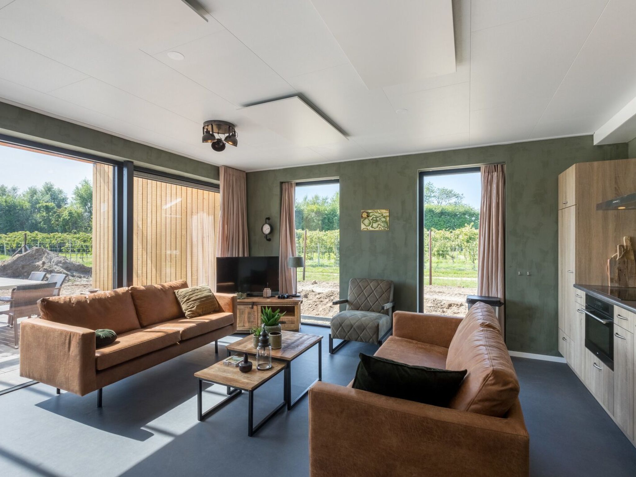 A modern living room with a sofa, armchair, and coffee table, a flat-screen TV, and large windows offering a view of the outdoors.