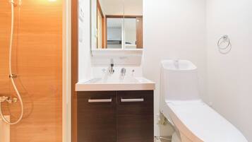 Combined shower/bathtub, free toiletries, hair dryer, slippers