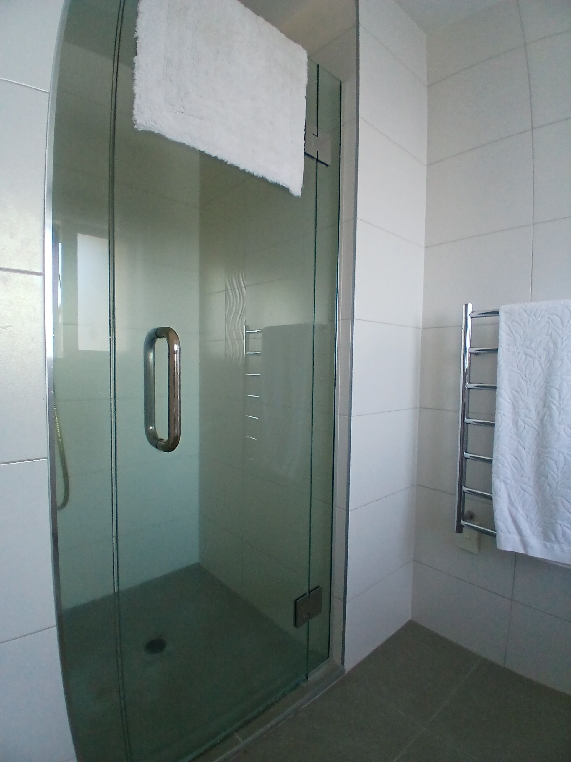 Shower, hair dryer, towels, toilet paper