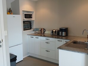 A compact kitchen with a microwave, toaster, kettle, and sink. - Studio apartment in Central Auckland district close to transport (Auckland)