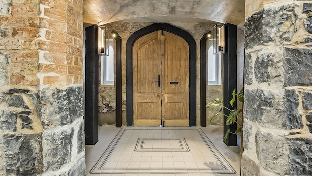 A stone-walled hallway with a wooden door, a tiled floor, and a potted plant.